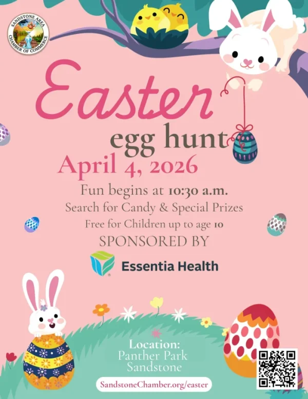 Easter Egg Hunt Sandstone Colorful Easter egg hunt flyer for Sandstone featuring bunnies, eggs, and chicks on pink background, April 4, 2026 at Panther Park.