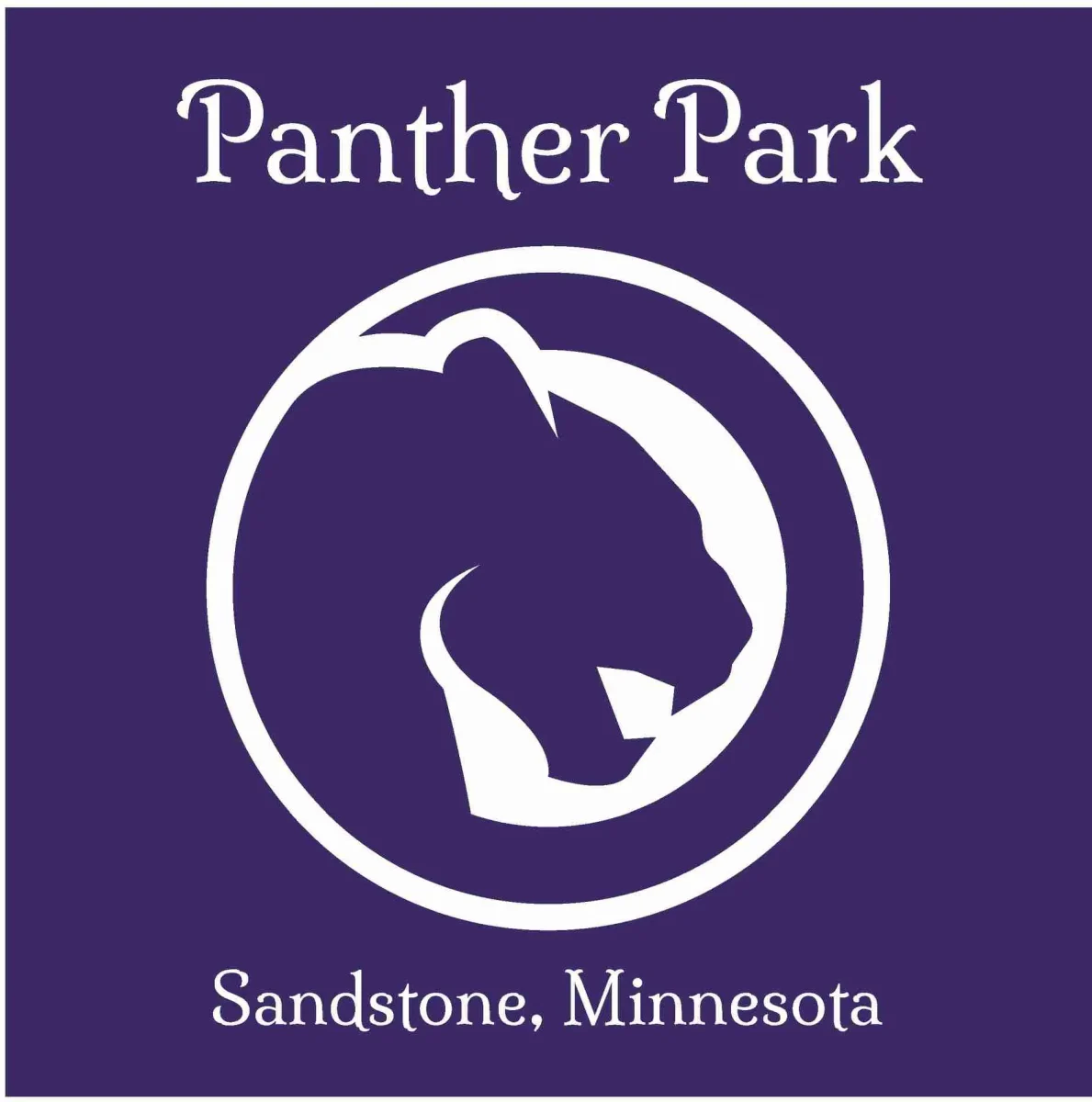 Panther Park logo featuring white panther head in circle on purple background, Sandstone Minnesota