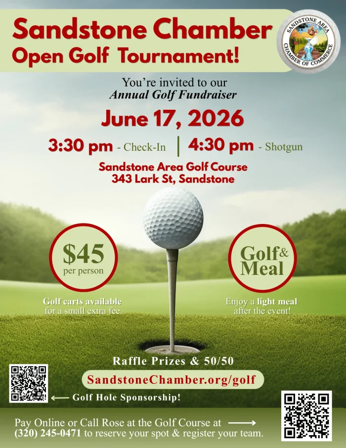 Sandstone Chamber Open Golf Tournament flyer advertising June 17, 2026 event at Sandstone Area Golf Course, $45 per person with golf and meal included.
