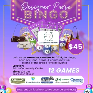 Purple neon-style bingo card marquee advertising Designer Purse Bingo with golden purses, bingo balls, and $45 entry fee for 12 games on October 24, 2026.