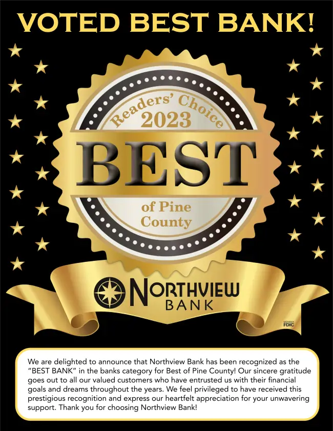 Award photo of Northview Bank voted the best bank of Pine County