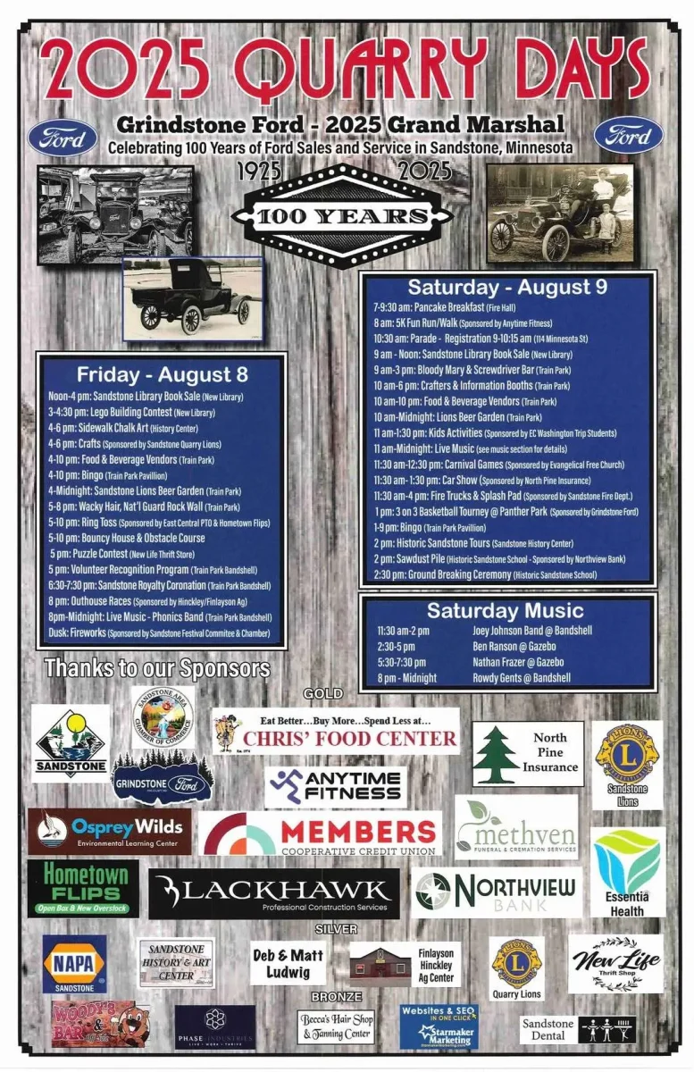 2025 Quarry Days festival poster for Sandstone Ford celebrating 100 years, listing Friday-Saturday events and live music schedule