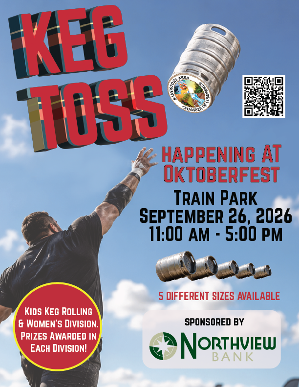 Person reaching up to catch a steel keg falling from sky at Oktoberfest Keg Toss event, September 26, 2026 at Train Park.