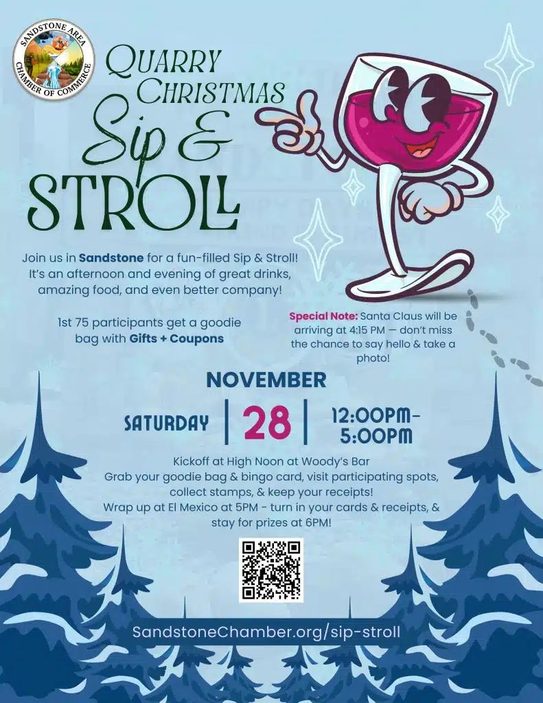 Quarry Christmas Sip & Stroll event poster featuring cheerful cartoon cocktail glass, Sandstone Chamber logo, November 28 details, and festive winter trees.