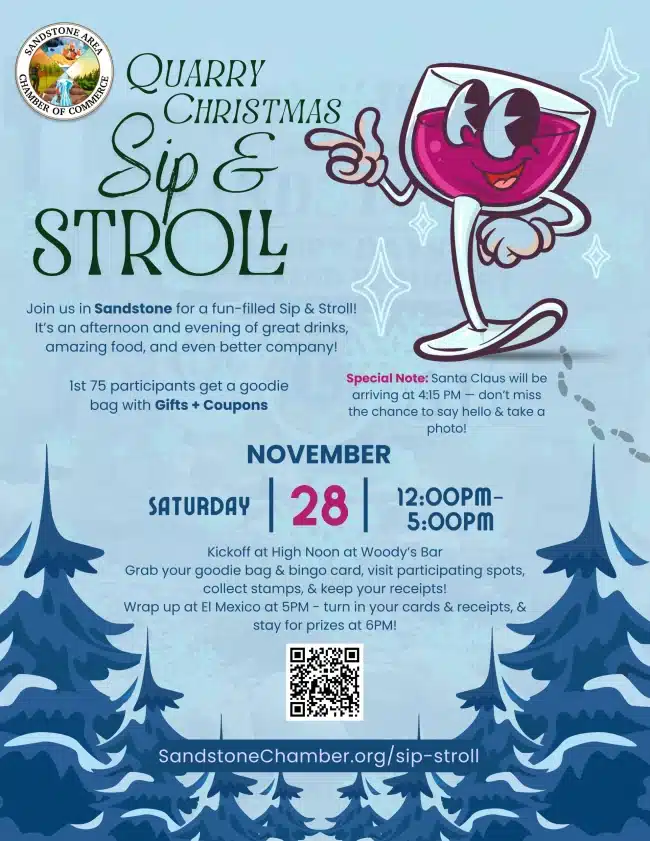 Sip & Stroll June Quarry Christmas Sip & Stroll event poster featuring cheerful cartoon cocktail glass, Sandstone Chamber logo, November 28 details, and festive winter trees.