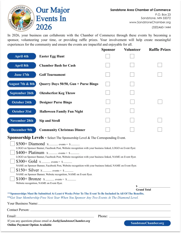 Sandstone Area Chamber of Commerce 2026 events sponsorship form with nine community events and three participation levels.