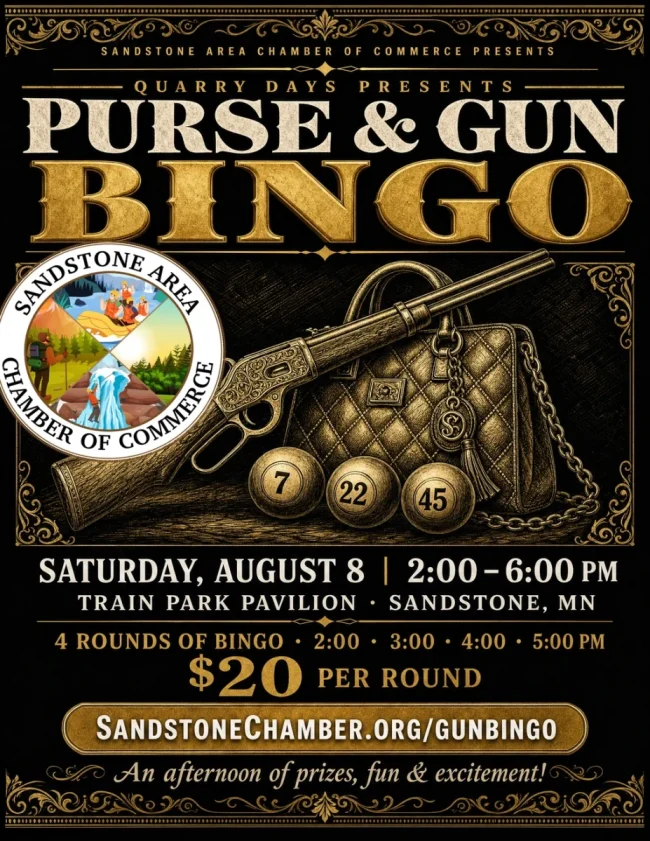 Purse & Gun Bingo event poster for Sandstone Area Chamber of Commerce, August 8 at Train Park Pavilion, featuring ornate gold design with antique rifle and purse, bingo balls, and event details.
