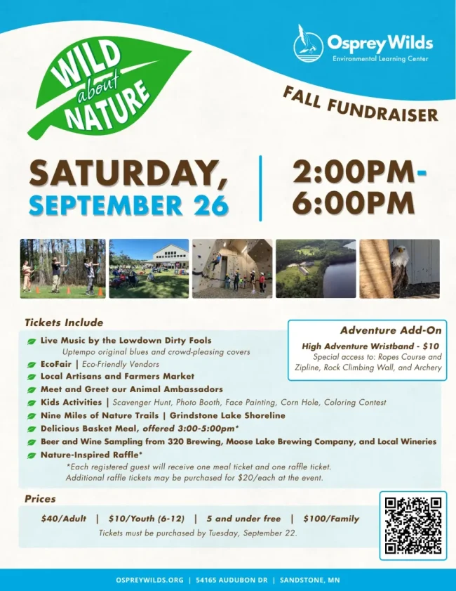 Wild about Nature Fall Fundraiser flyer for Osprey Wilds Environmental Learning Center, Saturday September 26, 2:00PM-6:00PM in Sandstone.