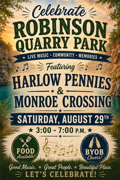 Concert poster for Celebrate Robinson Quarry Park featuring live music by Harlow Pennies and Monroe Crossing, Saturday August 29th, 3-7pm, with food available and BYOB welcome.