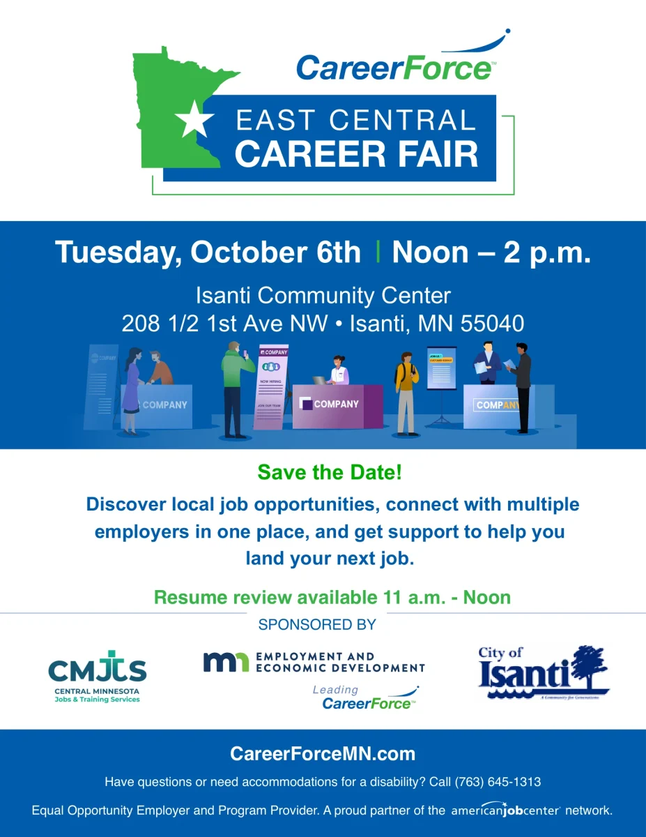 CareerForce East Central Career Fair flyer for October 6th at Isanti Community Center, featuring illustrated job seekers at multiple employer booths.