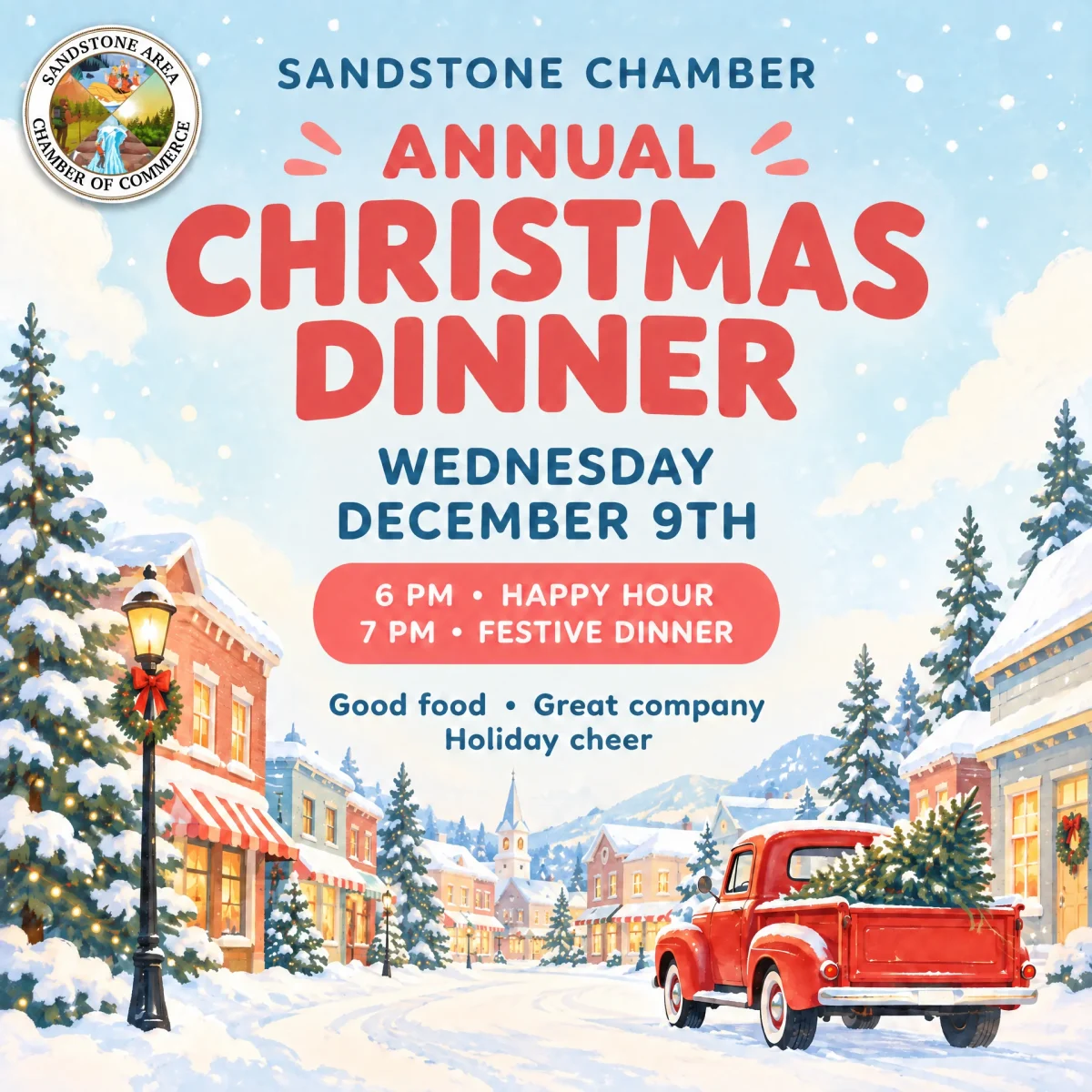 Sandstone Chamber Annual Christmas Dinner 2026 Festive holiday poster advertising annual Christmas dinner with snowy village scene, vintage red truck, and event details for December 9th.
